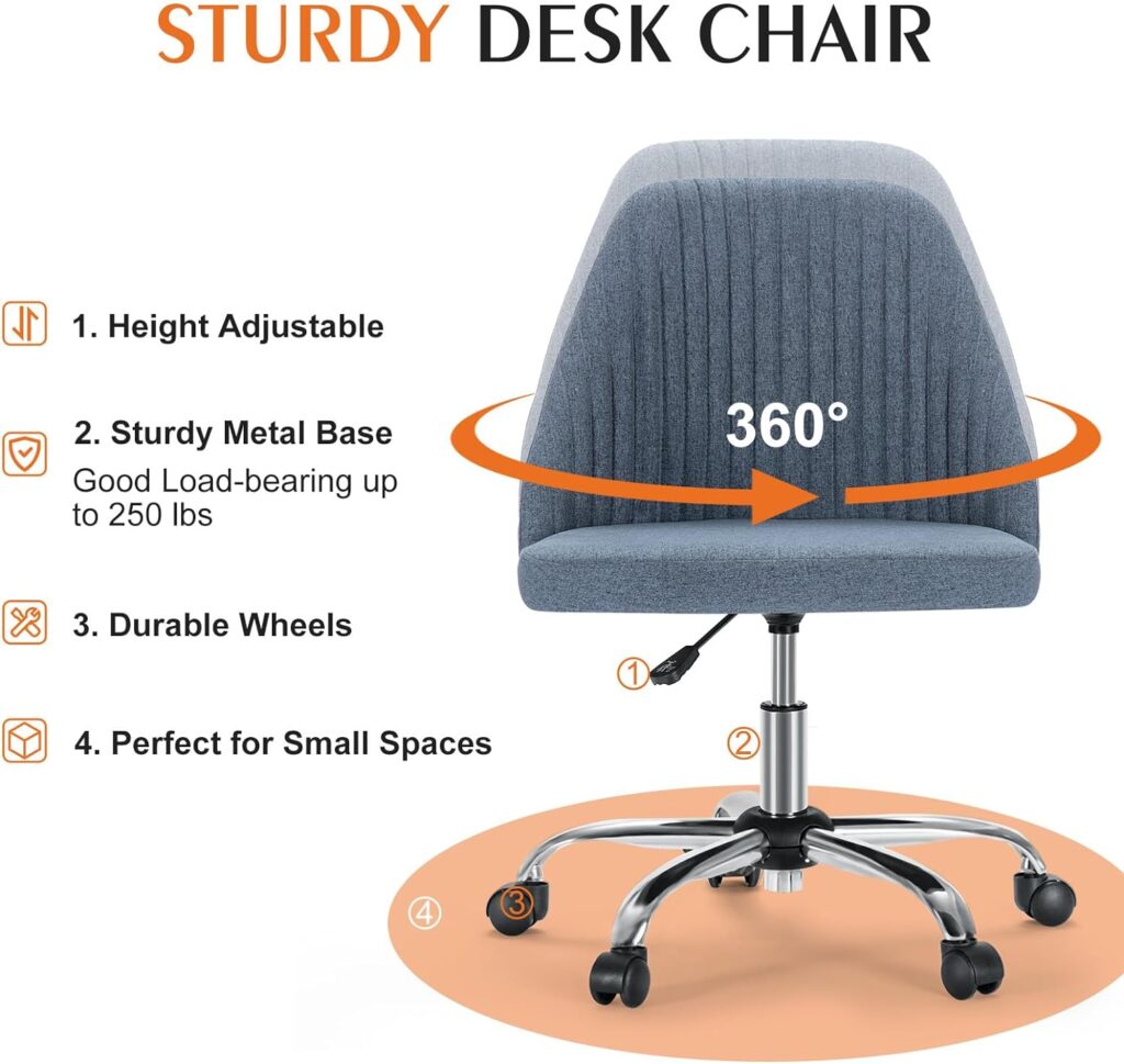 Armless Office Chair Cute Desk Chair, Modern Fabric Home Office Desk Chairs with Wheels Adjustable Swivel Task Computer Vanity Chair for Small Spaces