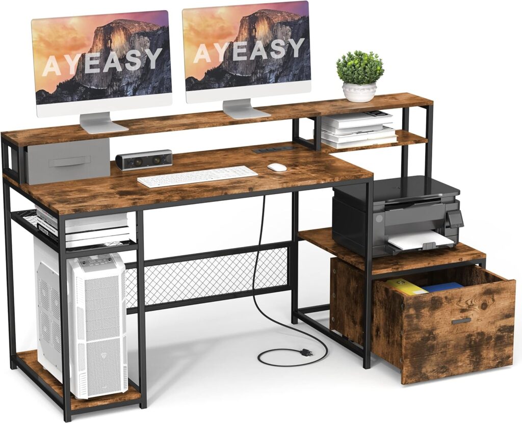 AYEASY Home Office Desk with Monitor Stand Shelf, 66 inch Large Computer Desk with Power Outlet and USB Charging Port, Table with Storage Shelves and Drawer, Study Work Desk, Rustic Brown