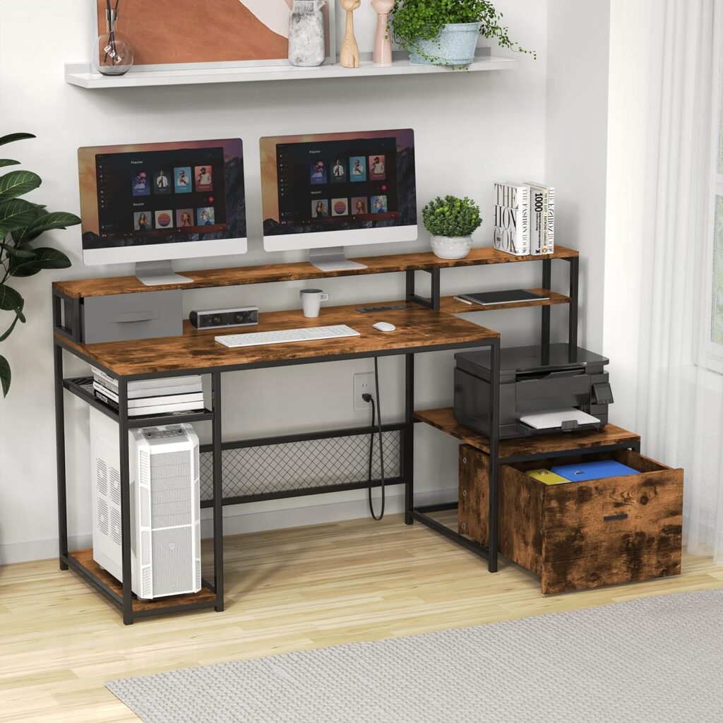 AYEASY Home Office Desk with Monitor Stand Shelf, 66 inch Large Computer Desk with Power Outlet and USB Charging Port, Table with Storage Shelves and Drawer, Study Work Desk, Rustic Brown