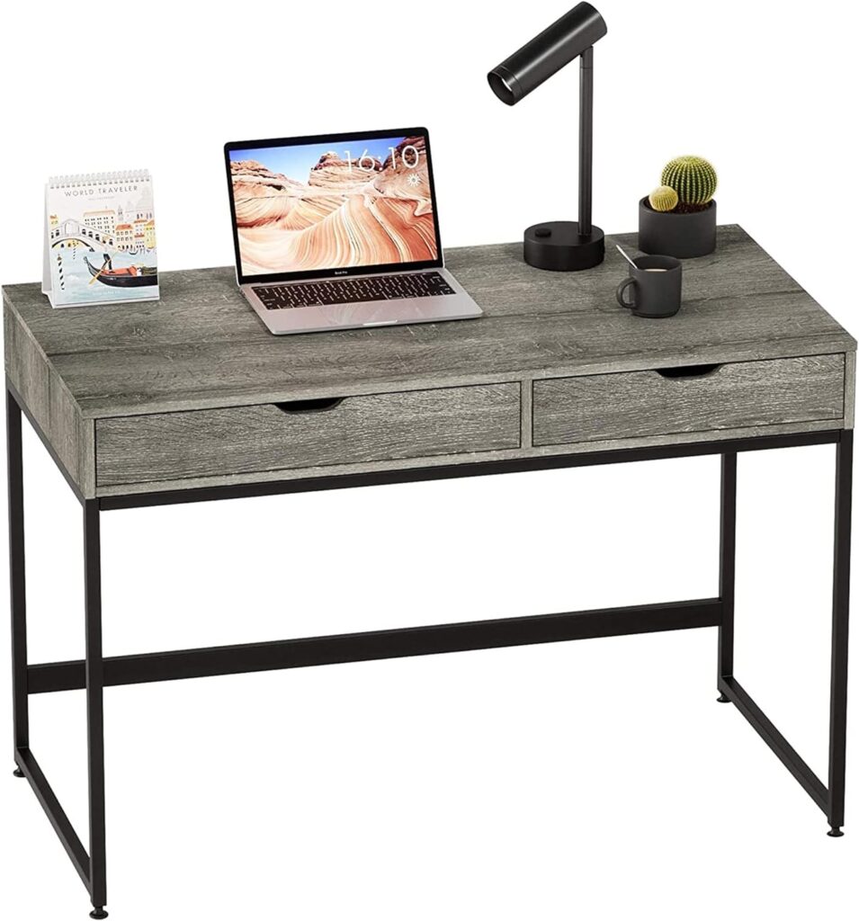 Bestier Gray Simple Modern Rectangular Computer or Vanity Wood Table Furniture with 2 Large Drawers for Bedroom, Home Office, or Workstation