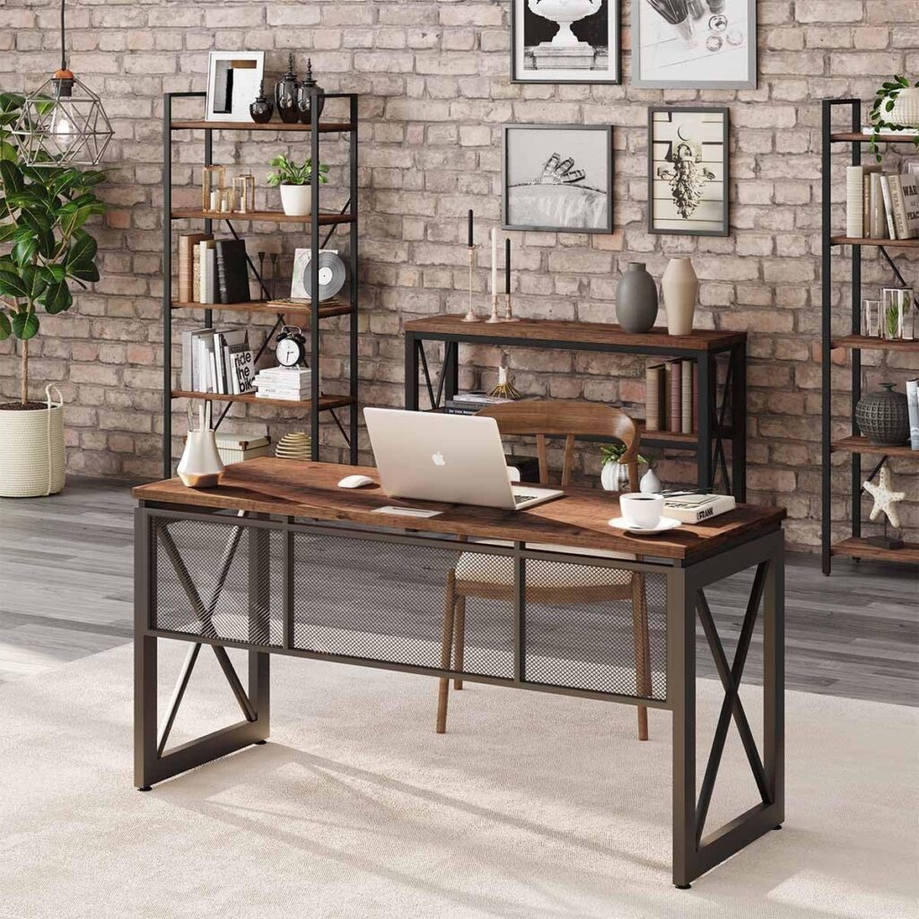 BON AUGURE Industrial Home Office Desks, Rustic Wood Computer Desk, Farmhouse Sturdy Metal Writing Desk (60 Inch, Vintage Oak)