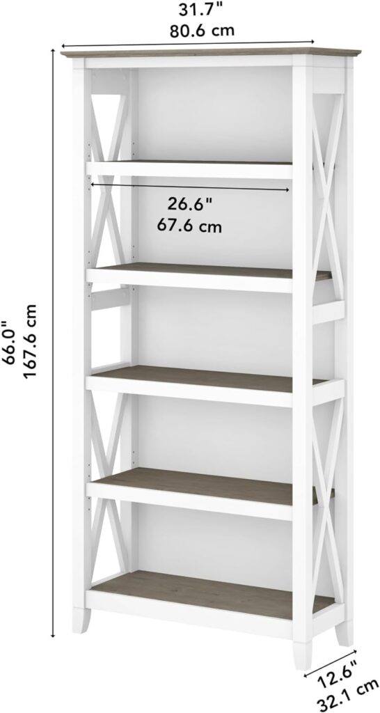 Bush Furniture Key West Bookcase Shelf | Open Bookcase in Pure White Oak | Farmhouse Display Cabinet for Library, Bedroom, Living Room, Office | Tall Accent Cabinet