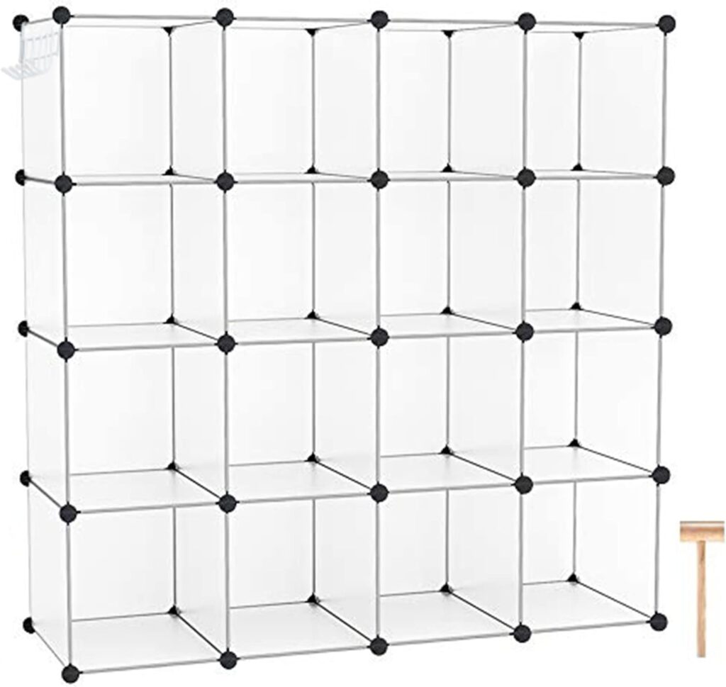 CAHOME Cube Storage Organizer, 16-Cube Shelves Units, Closet Cabinet, DIY Plastic Modular Book Shelf, Ideal for Bedroom, Living Room, Office, 48.4 L × 12.4 W × 48.4 H Transparent White