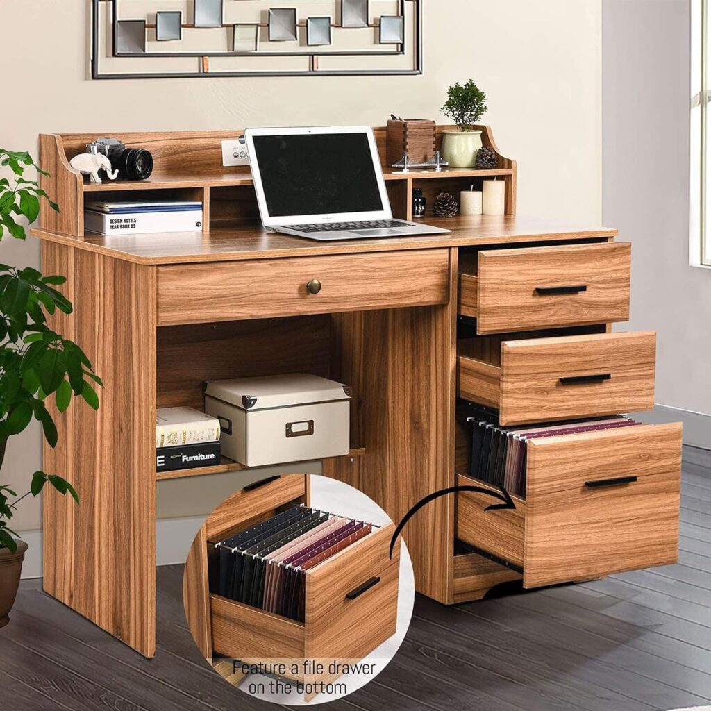 Computer Desk with 4 Drawers and Storage, Small Office Desk with File Drawers and Hutch, Farmhouse Wood Writing Student Table for Home Office, Bedroom, Rustic Brown