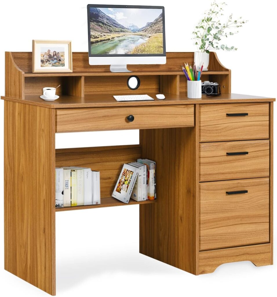 Computer Desk with 4 Drawers and Storage, Small Office Desk with File Drawers and Hutch, Farmhouse Wood Writing Student Table for Home Office, Bedroom, Rustic Brown