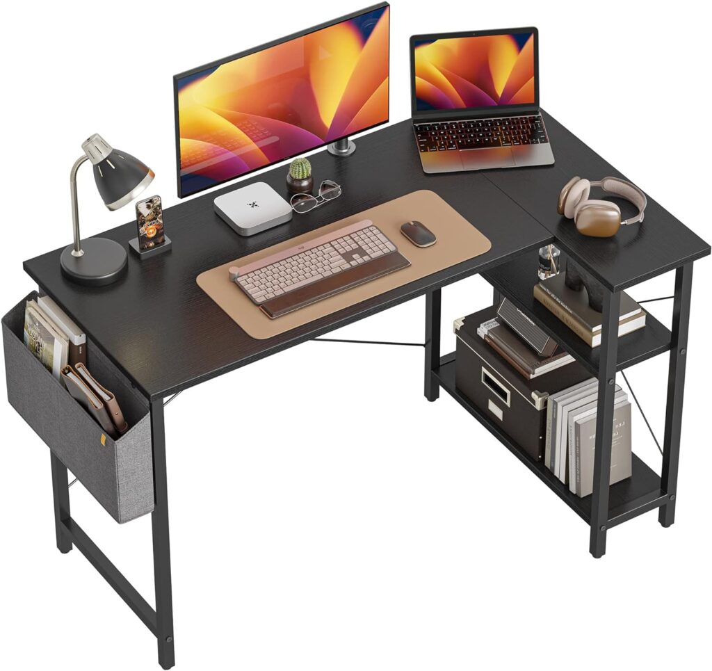 CubiCubi 40 Inch Small L Shaped Computer Desk with Storage Shelves Home Office Corner Desk Study Writing Table, Black