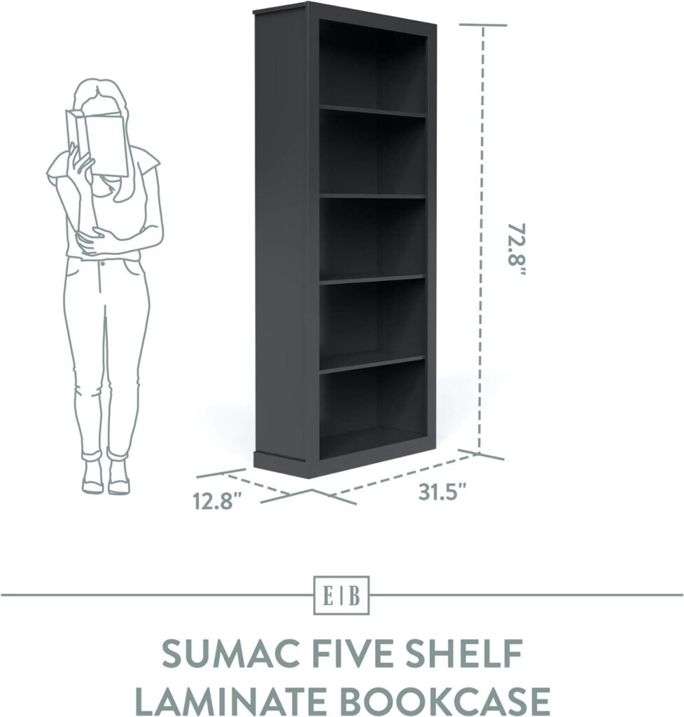 Edenbrook Sumac Bookcase, 5-Shelf Organizer for Bedroom Furniture or Home Office Furniture, Charcoal Bookshelf