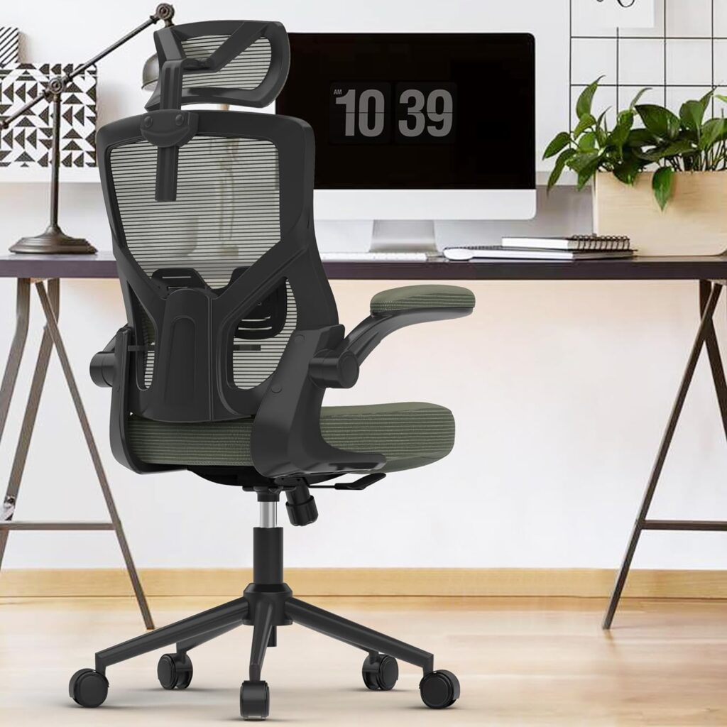 𝑯𝑶𝑴𝑬 𝑶𝑭𝑭𝑰𝑪𝑬 𝑪𝑯𝑨𝑰𝑹, Ergonomic Mesh Desk Chair, High Back Computer Chair- Adjustable Headrest with Flip-Up Arms, Lumbar Support, Swivel Executive Task Chair (Hunter Green, Modern)