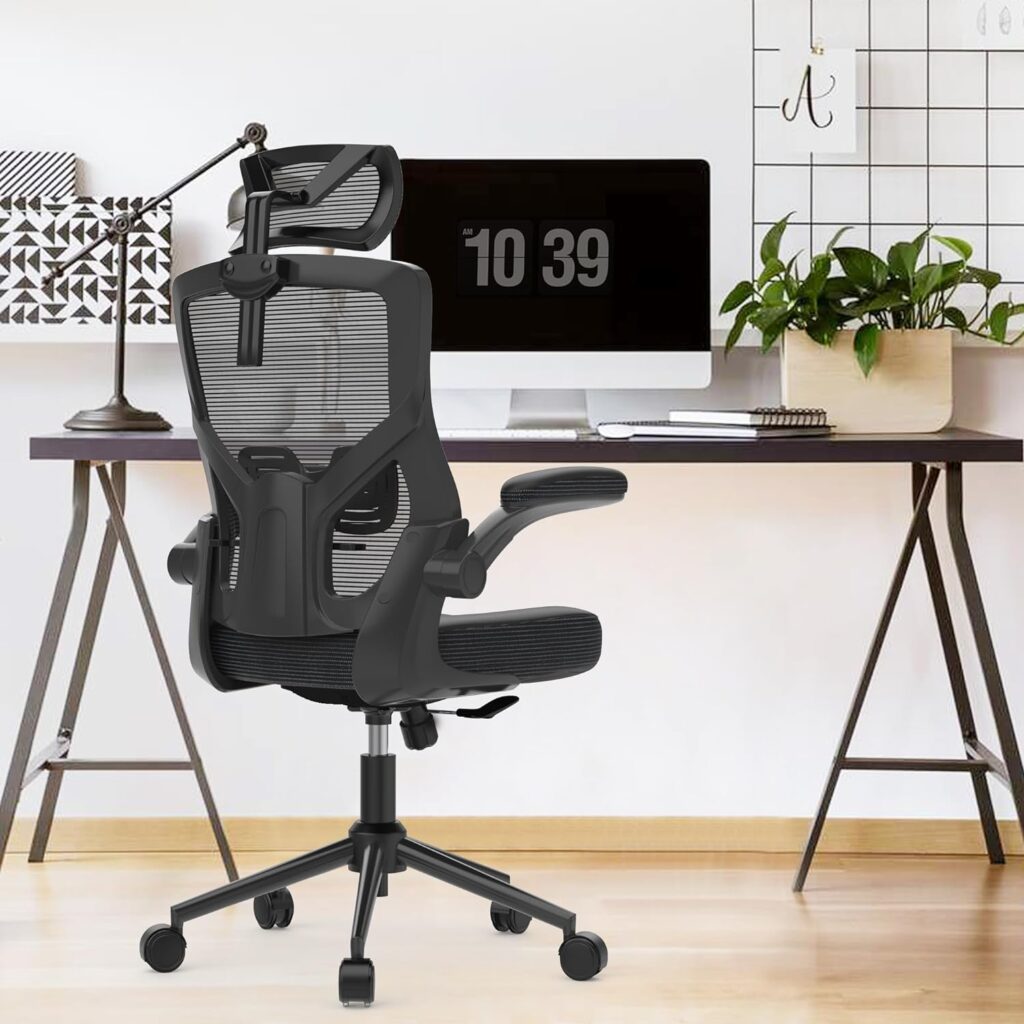 𝑯𝑶𝑴𝑬 𝑶𝑭𝑭𝑰𝑪𝑬 𝑪𝑯𝑨𝑰𝑹, Ergonomic Mesh Desk Chair, High Back Computer Chair- Adjustable Headrest with Flip-Up Arms, Lumbar Support, Swivel Executive Task Chair (Modern, Black)