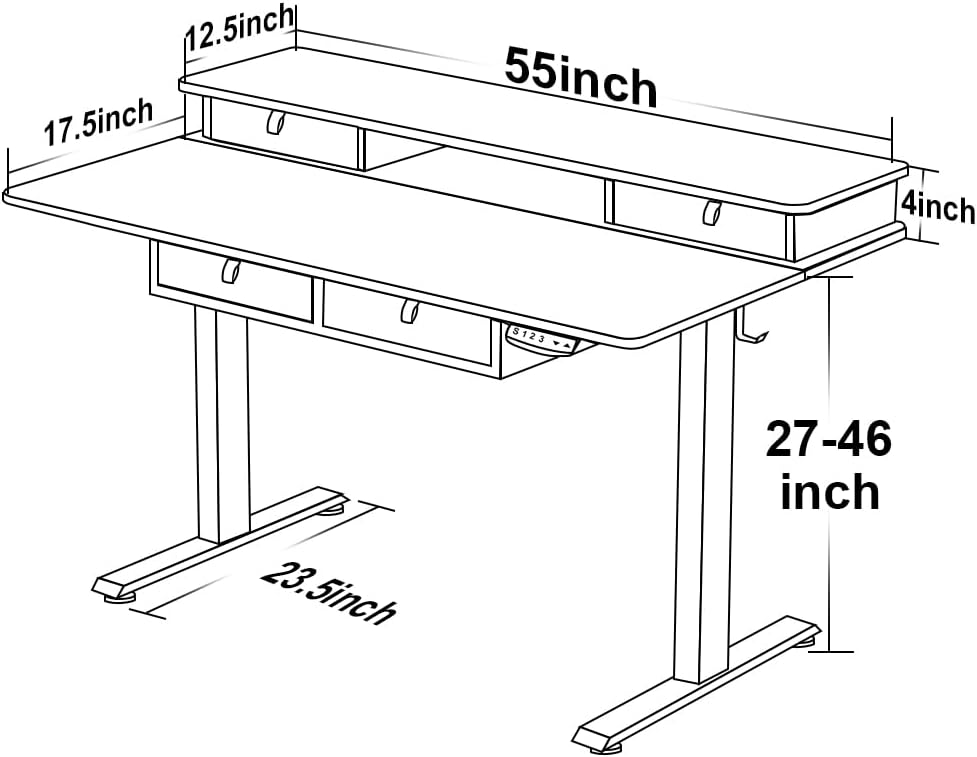 ExaDesk 55 * 30 Inches Electric Standing Widened Desk Adjustable Height with 4 Drawers, Double Storage Shelves Stand Up Desk, Home Office Workstation Sit Stand up Desk (Rustic Brown)
