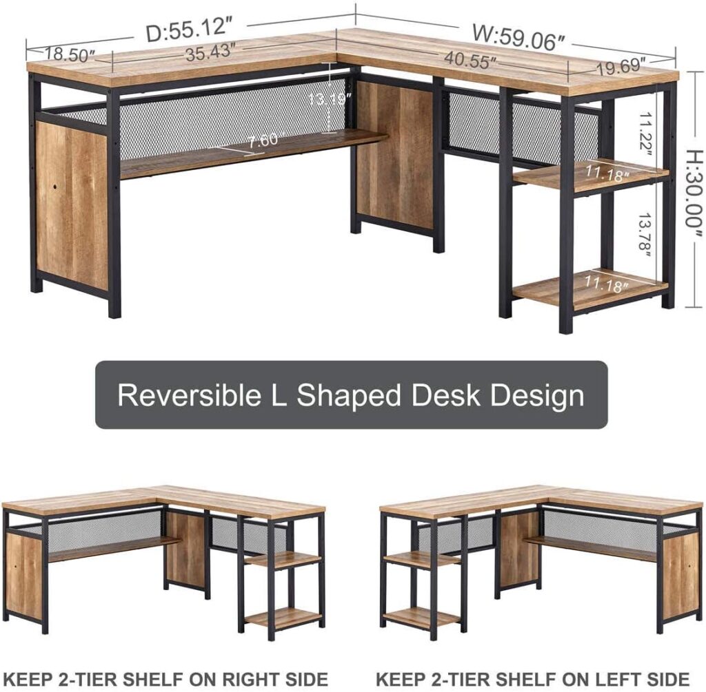 FATORRI L Shaped Computer Desk, Industrial Office Desk with Shelves, Rustic Wood and Metal Corner Desk for Home Office (Rustic Oak, 59 Inch)