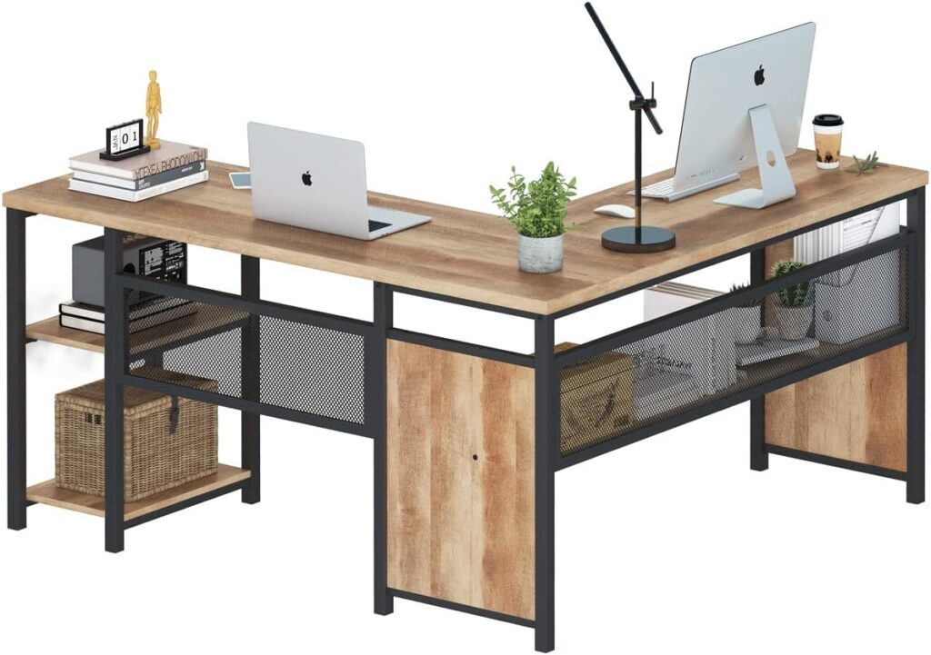 FATORRI L Shaped Computer Desk, Industrial Office Desk with Shelves, Rustic Wood and Metal Corner Desk for Home Office (Rustic Oak, 59 Inch)