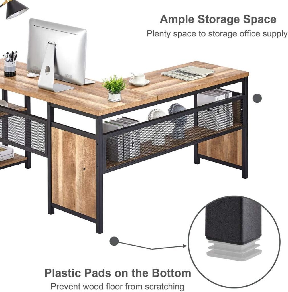 FATORRI L Shaped Computer Desk, Industrial Office Desk with Shelves, Rustic Wood and Metal Corner Desk for Home Office (Rustic Oak, 59 Inch)