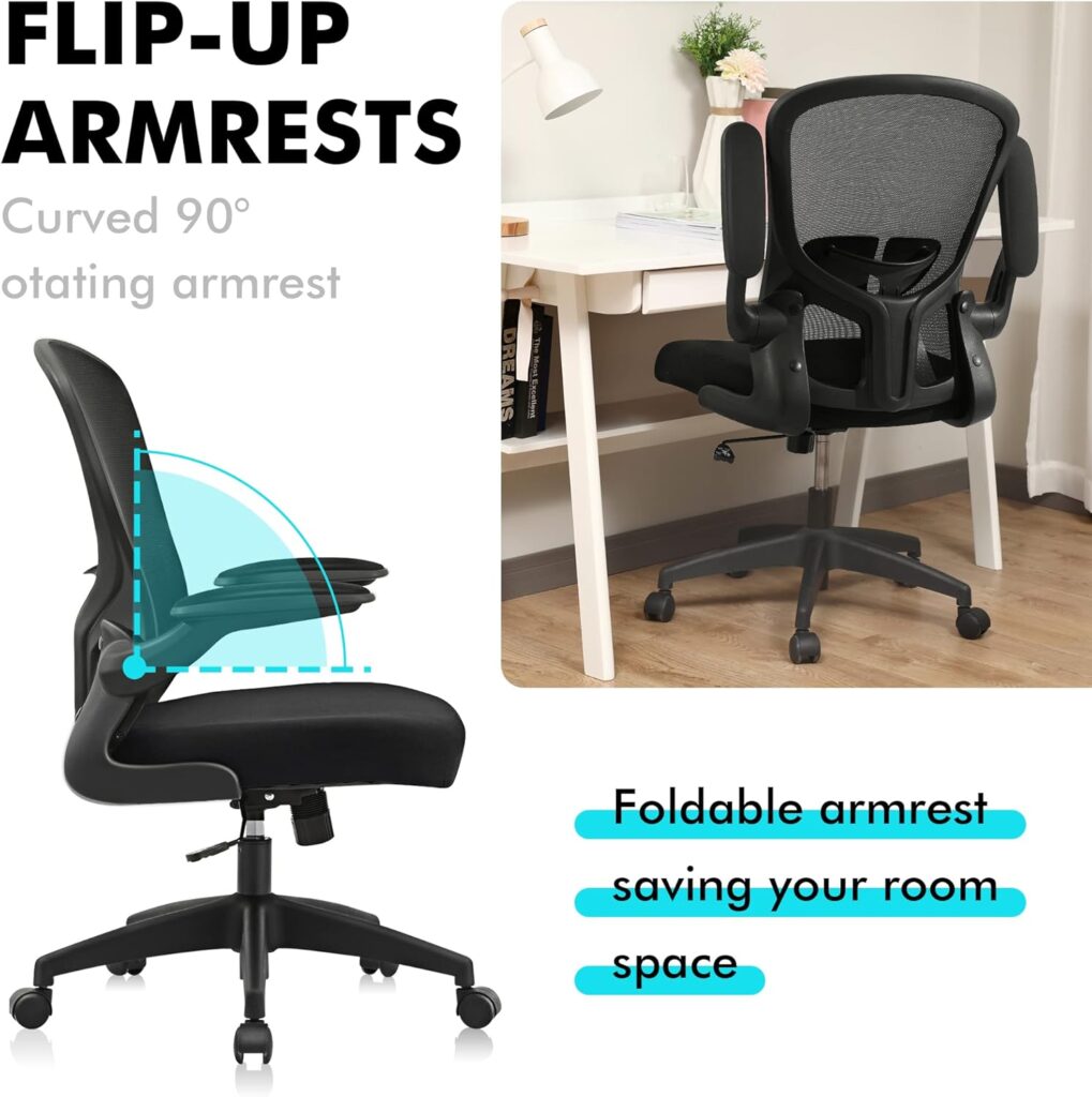 FelixKing Office Desk Chairs, Ergonomic PC Desk Chair with Wheels, Adjustable Lumbar Support and Height, Swivel Computer Chair with Flip-up Armrests, Ergo Mesh Backrest for Working (Black)