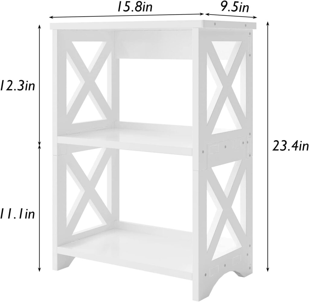 Fixwal Side Table End Table 3 Tier White Nightstand Small Bookshelf Bookcase for Small Spaces, Bedroom, Living Room, Bathroom, Office, Dorms