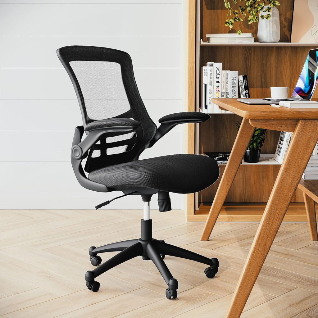 Flash Furniture Kelista Mid-Back Swivel Office Chair with Adjustable Lumbar Support and Seat Height, Ergonomic Mesh Desk Chair with Flip-Up Armrests, Black