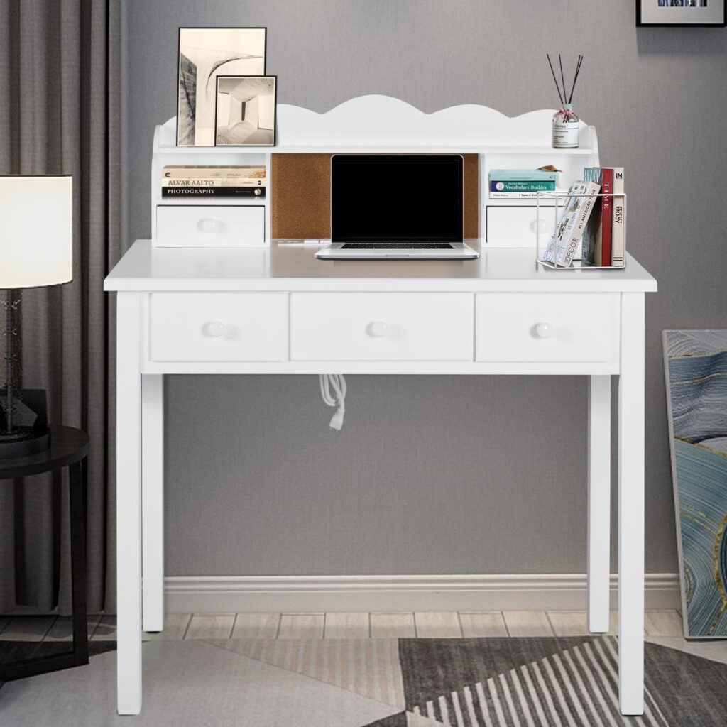 FUNKOCO Home Office Furniture Writing Desk,Computer Work Station with Detachable Hutch,5 Drawers(White)