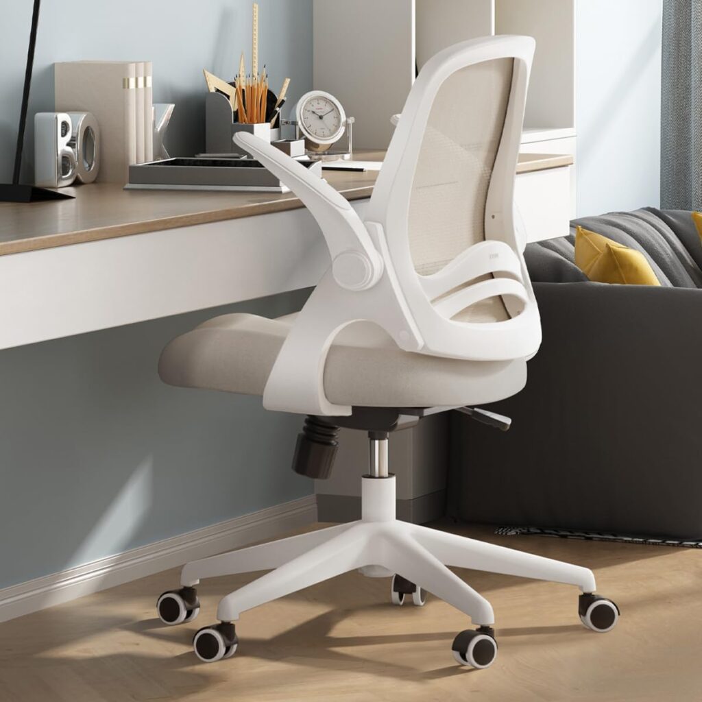 Hbada Office Chair with Flip-Up Armrests, Desk Chair with Saddle Cushion, Ergonomic Office Chair with S-Shaped Backrest, Comfy Mesh Chair for Home and Office, Beige