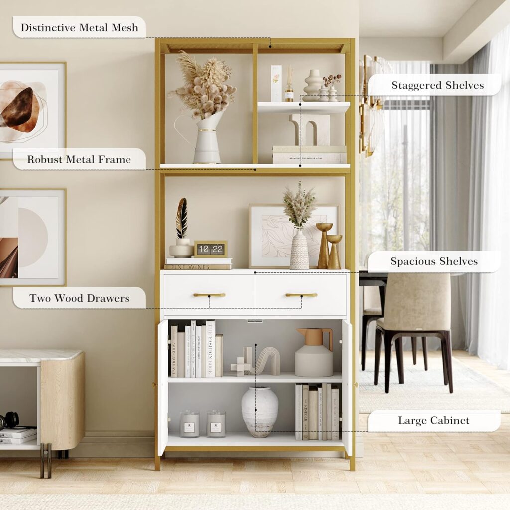 HITHOS 71 Tall Bookshelf, Modern White and Gold Bookcase, Book Shelves with Drawers and Storage Cabinet, Metal Etagere Bookcase Display Shelves for Home Office, Gold/White