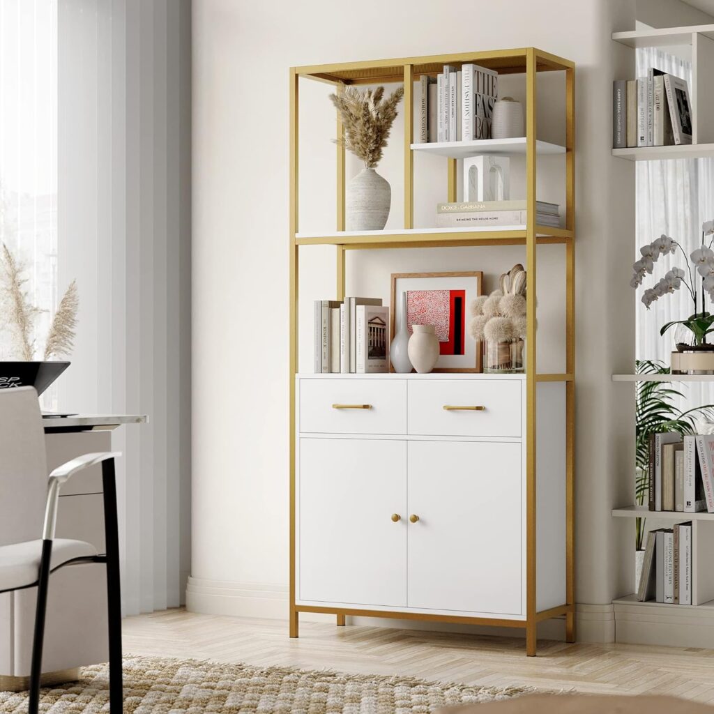 HITHOS 71 Tall Bookshelf, Modern White and Gold Bookcase, Book Shelves with Drawers and Storage Cabinet, Metal Etagere Bookcase Display Shelves for Home Office, Gold/White