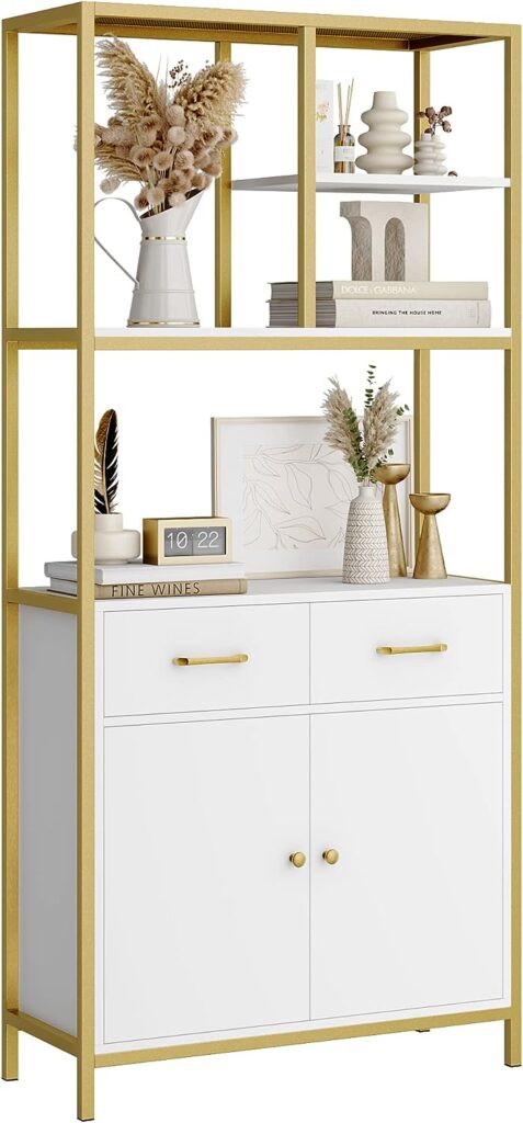 HITHOS 71 Tall Bookshelf, Modern White and Gold Bookcase, Book Shelves with Drawers and Storage Cabinet, Metal Etagere Bookcase Display Shelves for Home Office, Gold/White