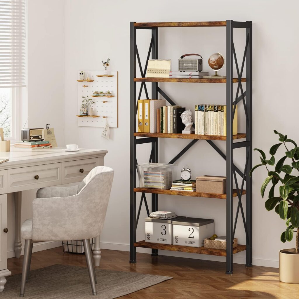 Homeiju Bookshelf, 3 Tier Industrial Bookcase, Metal Small Bookcase, Rustic Etagere Book Shelf Storage Organizer for Living Room, Bedroom, and Home Office(Rustic Brown) Patent Pending D29873033