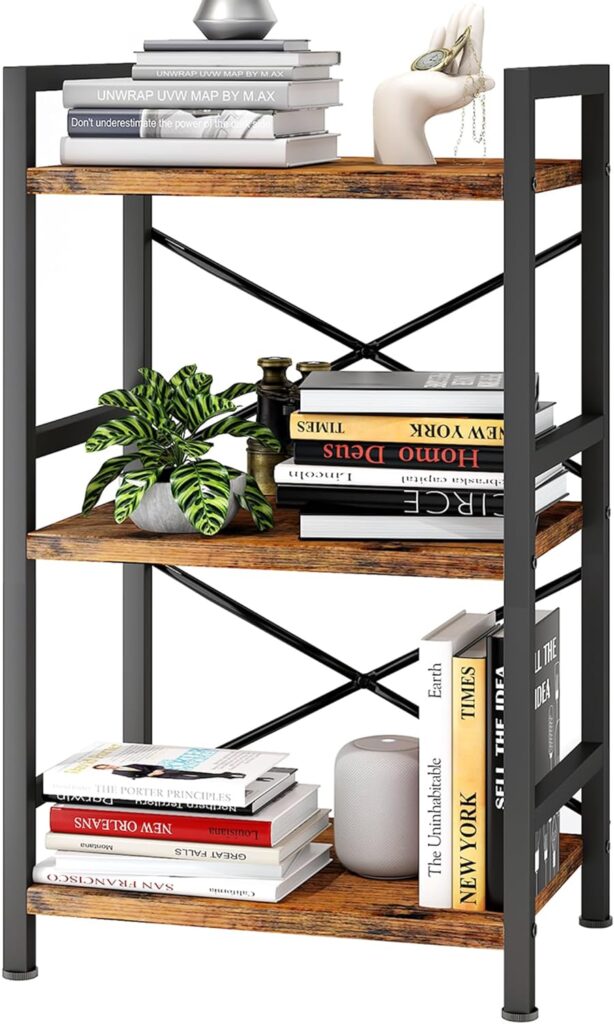 Homeiju Bookshelf, 3 Tier Industrial Bookcase, Metal Small Bookcase, Rustic Etagere Book Shelf Storage Organizer for Living Room, Bedroom, and Home Office(Rustic Brown) Patent Pending D29873033