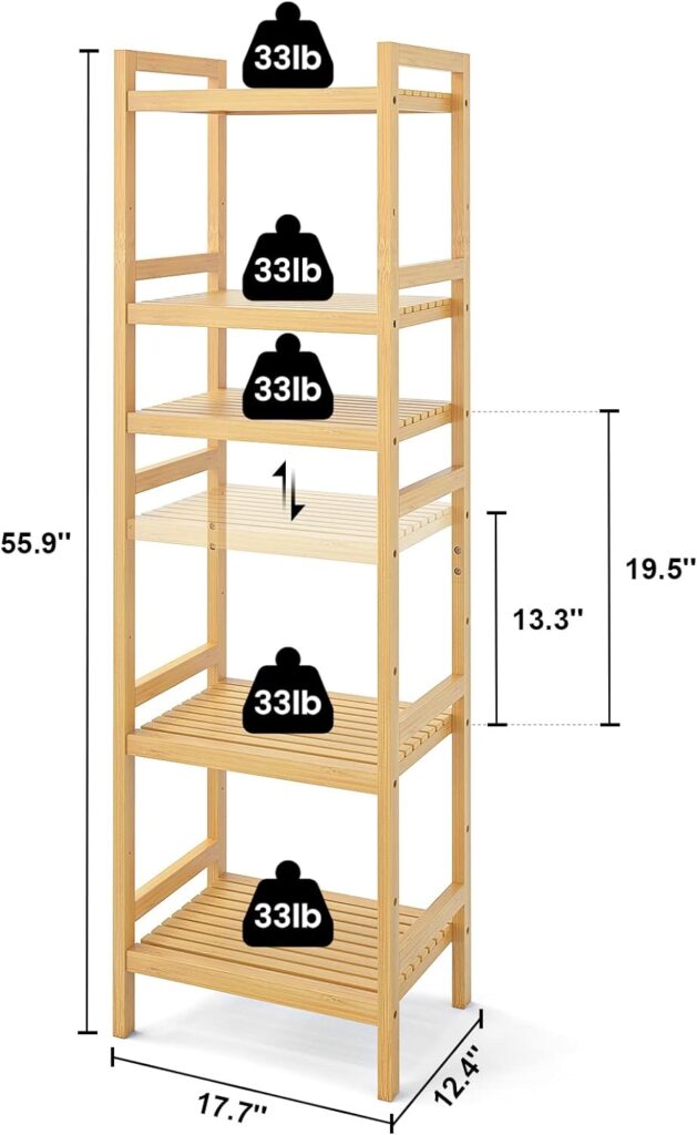 Homykic Bookshelf, 6-Tier Bamboo Adjustable 63.4” Tall Bookcase Book Shelf Organizer, Free Standing Storage Shelving Unit for Living Room, Kitchen, Bedroom, Bathroom, Office, Rust Resistance, Natural