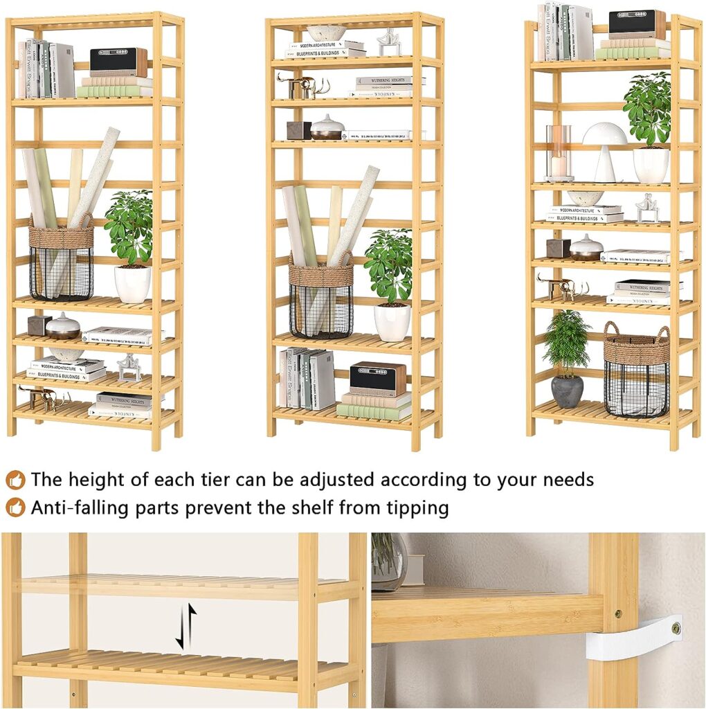 Homykic Bookshelf, 6-Tier Bamboo Adjustable 63.4” Tall Bookcase Book Shelf Organizer, Free Standing Storage Shelving Unit for Living Room, Kitchen, Bedroom, Bathroom, Office, Rust Resistance, Natural