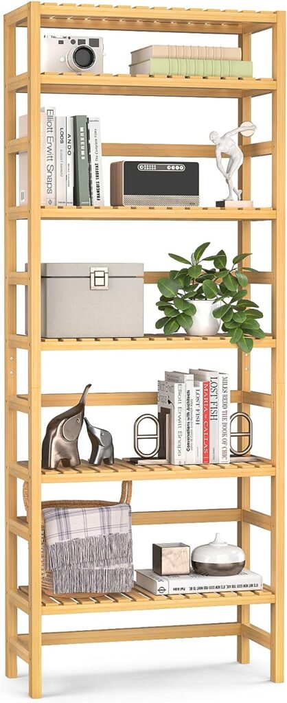 Homykic Bookshelf, 6-Tier Bamboo Adjustable 63.4” Tall Bookcase Book Shelf Organizer, Free Standing Storage Shelving Unit for Living Room, Kitchen, Bedroom, Bathroom, Office, Rust Resistance, Natural