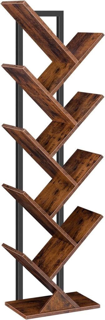 HOOBRO Tree Bookshelf, 9-Tier Bookcase Wooden Shelves, Floor Standing Storage Rack, for Display of CDs, Books in Living Room, Home Office, Wood Storage Rack for Bedroom, Rustic Brown BF08SJ01G1