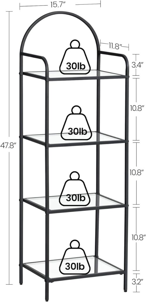 Hzuaneri 4 Tier Bookcase Bookshelf, Tempered Glass Bookshelves, Slim Shelving Unit for Bedroom, Bathroom, Home Office, Steel Frame, Black BC04001B