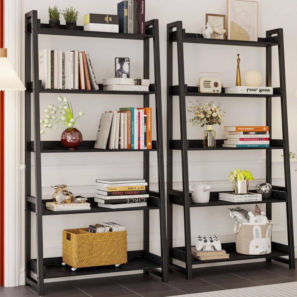 IRONCK Industrial Bookshelf 5-Tier 31.5in Wide, Bookcase Ladder Shelf, Storage Shelves Rack Shelf Unit, Accent Furniture Metal Frame, Home Office Furniture for Bathroom, Living Room