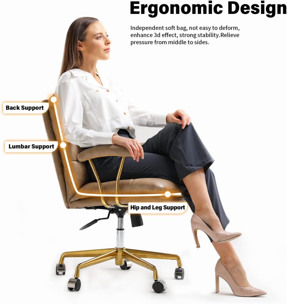 LEAGOO Mid Back Home Office Desk Task Chair with Wheels and Arms Ergonomic PU Leather Computer Rolling Swivel Chair with Padded Armrest (Khaki)