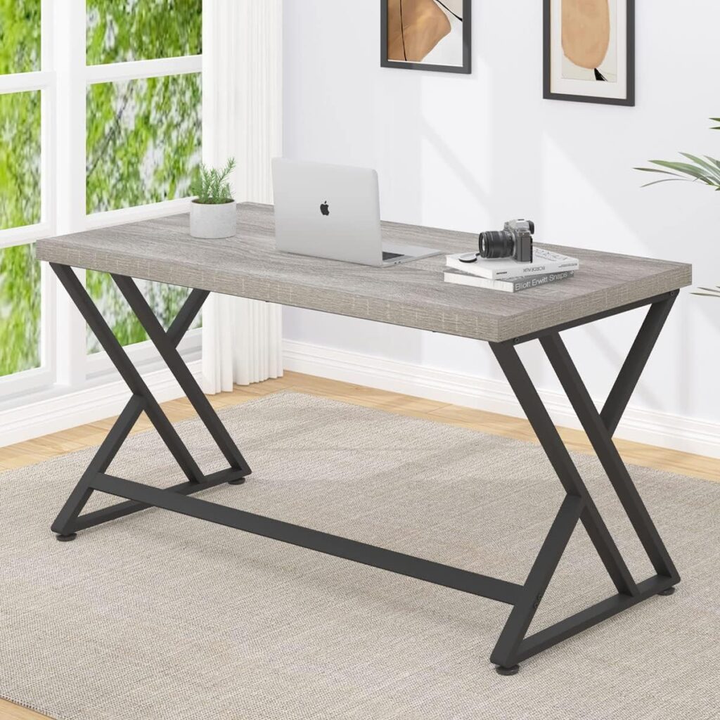 LVB Grey Computer Office Desk, Industrial Wood PC Gaming Gray Desk for Home Office, Modern Wooden Metal Study Work Bedroom Table, Farmhouse Executive Writing Desk with Storage, 55 Inch, Light Grey Oak