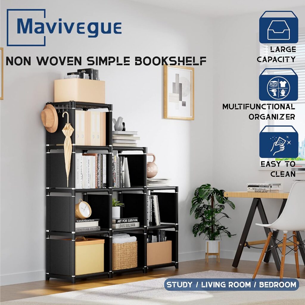 Mavivegue Book Shelf, 9 Cube Storage Organizer, DIY Bookcase, Metal Cube Bookshelf, Tall Book case for Bedroom, Living Room,Office, Closet Storage Organizer, Black Cubicle Storage Rack