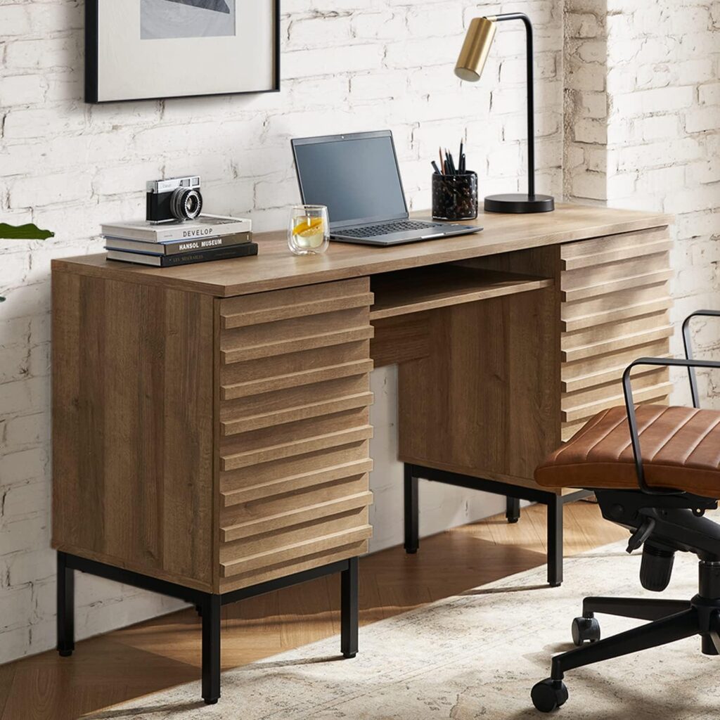 mopio Norwin Executive Desk, Modern Industrial Farmhouse Desks for Home Office, with Sturdy Metal Legs, Fluted Panel Dual Cabinet Soft Close Door, Storage Shelves,  Leveler