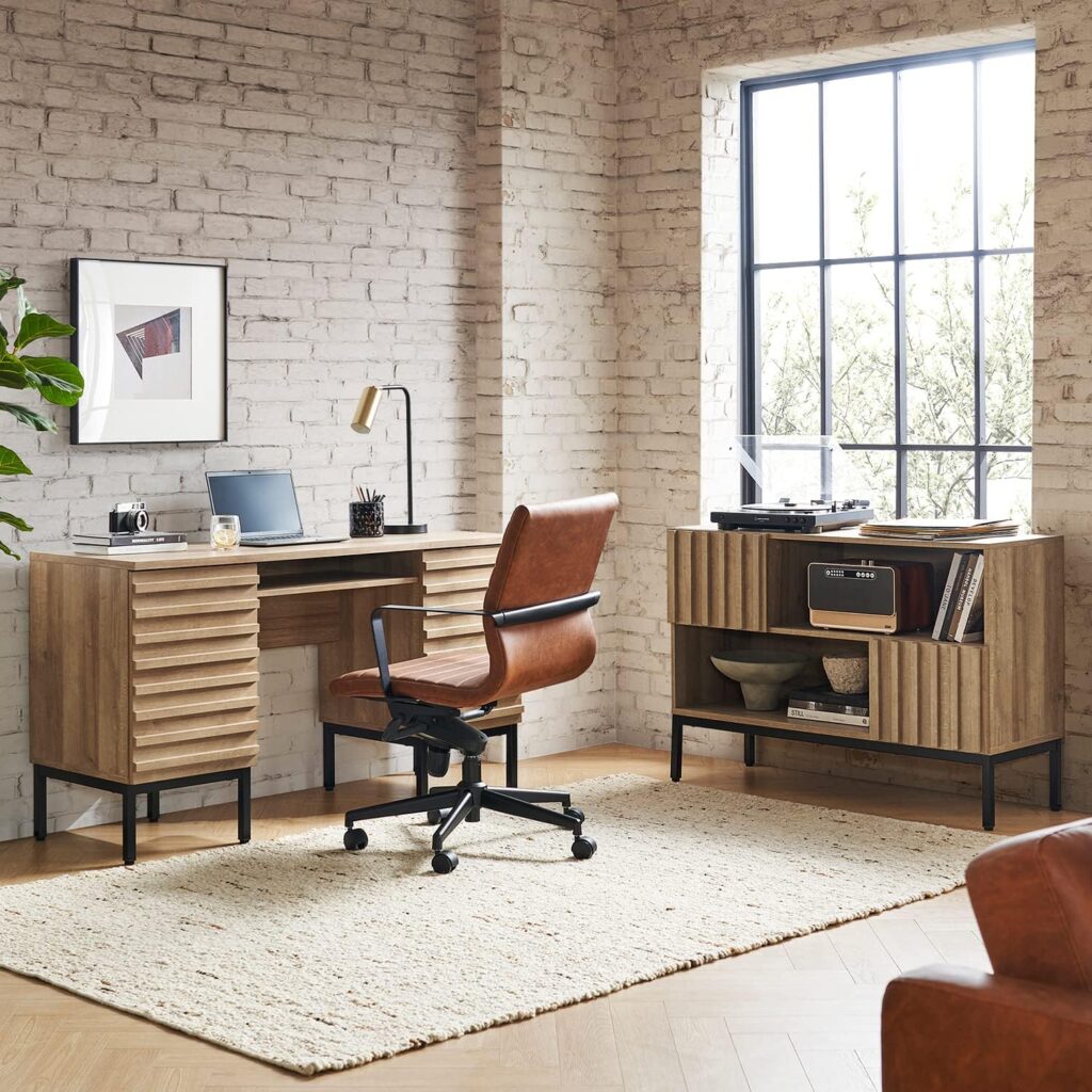 mopio Norwin Executive Desk, Modern Industrial Farmhouse Desks for Home Office, with Sturdy Metal Legs, Fluted Panel Dual Cabinet Soft Close Door, Storage Shelves,  Leveler