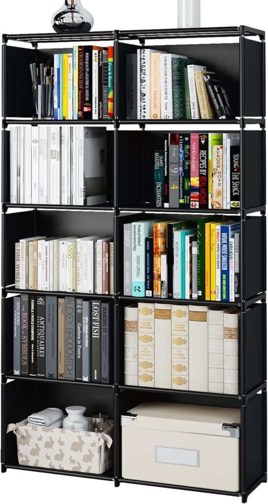 MOYIPIN Bookshelves, Assembled Storage Rack, Bedroom Living Room Vertical Cabinet Bookshelf, Double Row 10-Grid Multi-Functional Storage Equipment (Black)