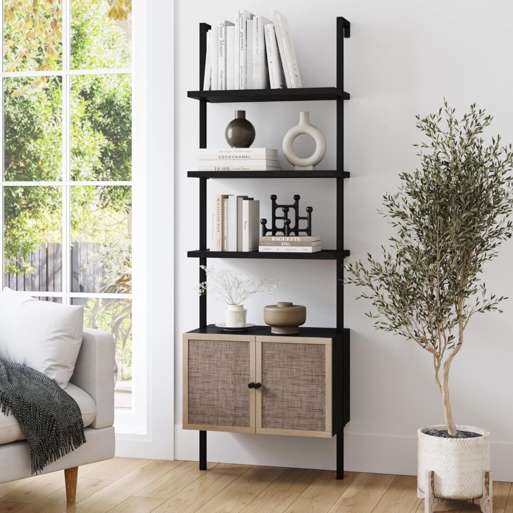 Nathan James Theo Modern Bookcase with Rattan Cabinet in Matte Black and Light Oak Finish with Matte Black Metal Frame for Living Room, Home Office Storage