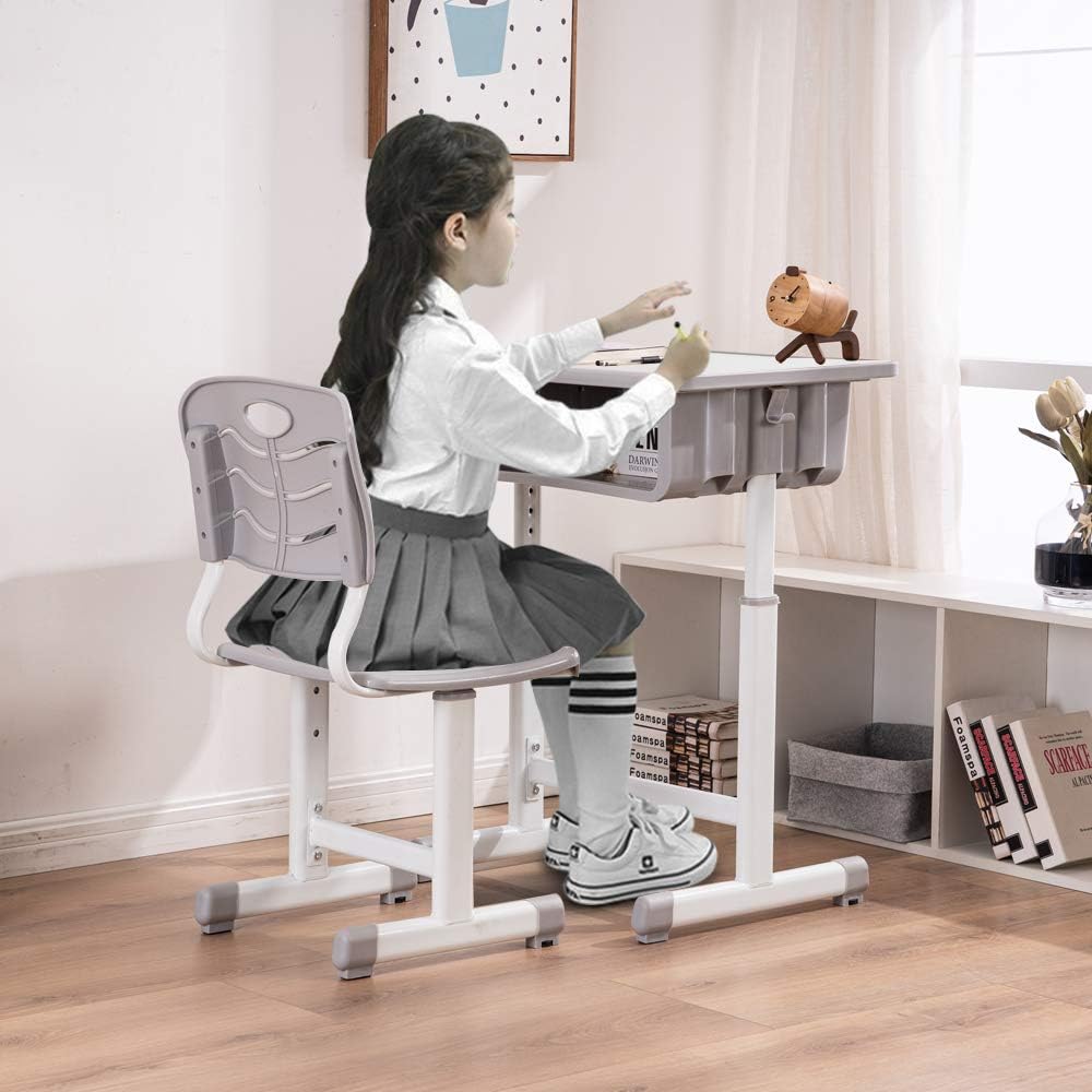 ShowMaven Student Desk and Chair Combo, Height Adjustable Childrens Desk and Chair Workstation with Drawer, Pencil Grooves and Hanging Hooks for Home, School and Training (Light GreyWhite)