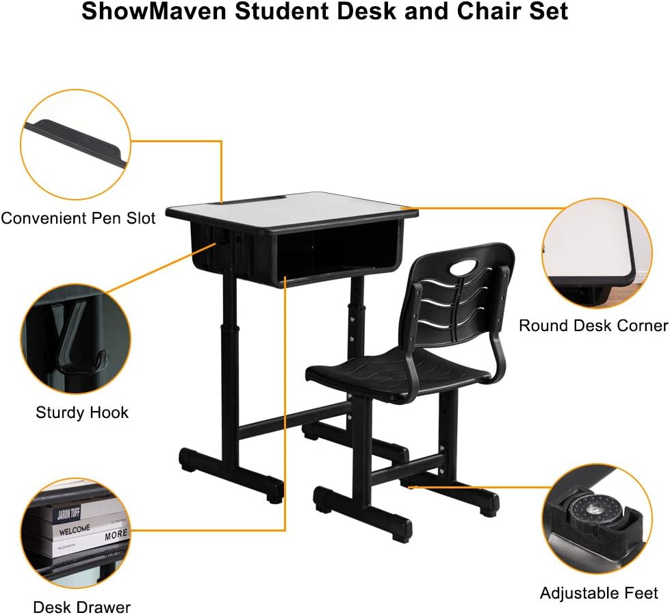 ShowMaven Student Desk and Chair Combo, Height Adjustable Childrens Desk and Chair Workstation with Drawer, Pencil Grooves and Hanging Hooks for Home, School and Training (Light GreyWhite)