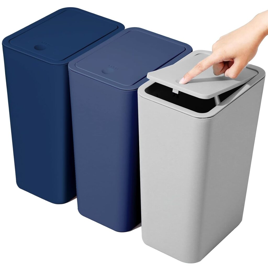 SHPMXUPW 3 Pack Bathroom Small Trash Can with Lid,10L / 2.6 Gallon Slim Garbage Bin Wastebasket with Pop-Up Lid for Bedroom, Office, Kitchen, Craft Room, Fits Under Desk/Cabinet/Sink/