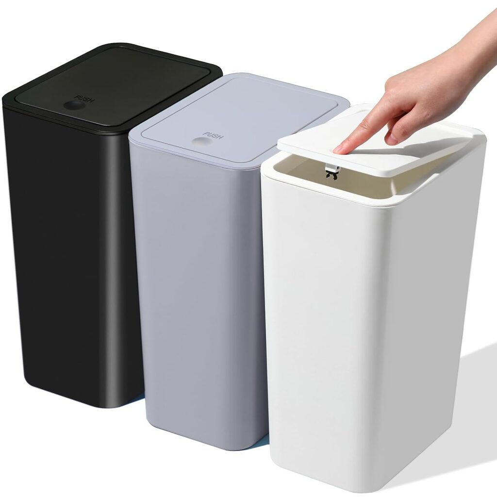 SHPMXUPW 3 Pack Bathroom Small Trash Can with Lid,10L / 2.6 Gallon Slim Garbage Bin Wastebasket with Pop-Up Lid for Bedroom, Office, Kitchen, Craft Room, Fits Under Desk/Cabinet/Sink