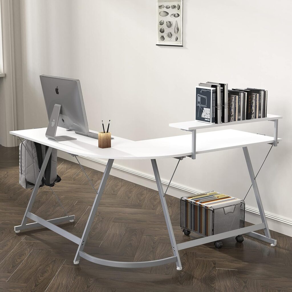 SHW Vista L-Shape Desk with Monitor Stand, White