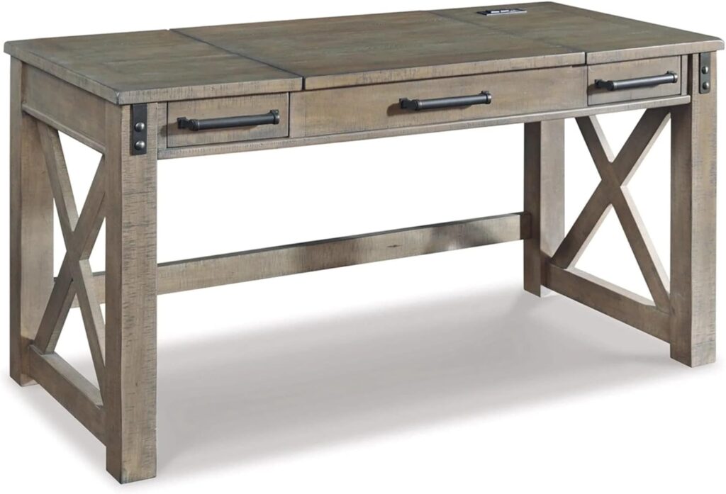 Signature Design by Ashley Aldwin Rustic Farmhouse 60 Home Office Lift Top Desk with Charging Ports, Distressed Gray