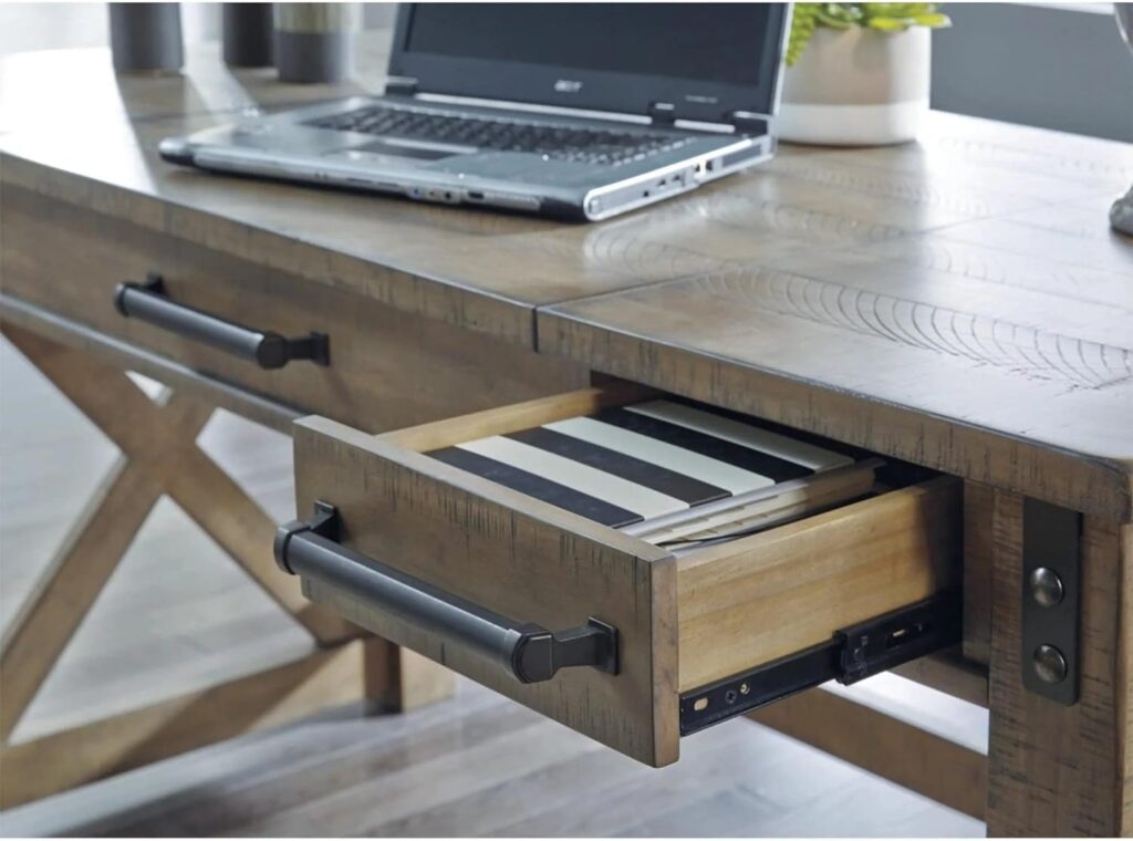 Signature Design by Ashley Aldwin Rustic Farmhouse 60 Home Office Lift Top Desk with Charging Ports, Distressed Gray