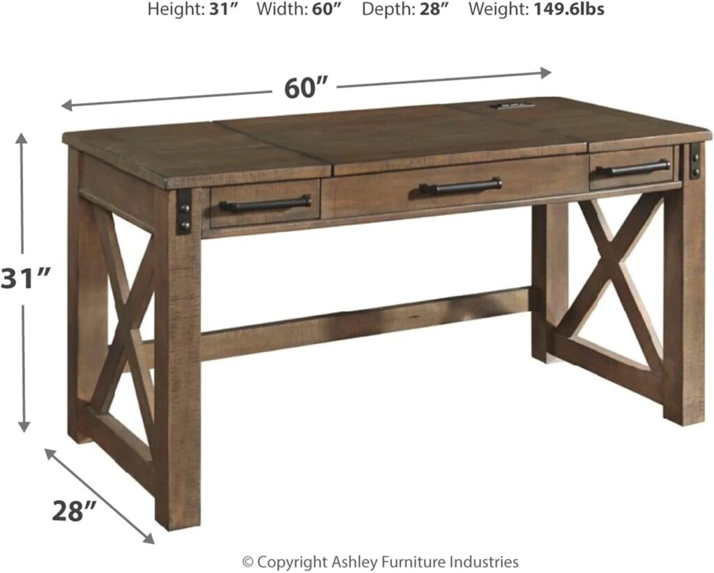 Signature Design by Ashley Aldwin Rustic Farmhouse 60 Home Office Lift Top Desk with Charging Ports, Distressed Gray