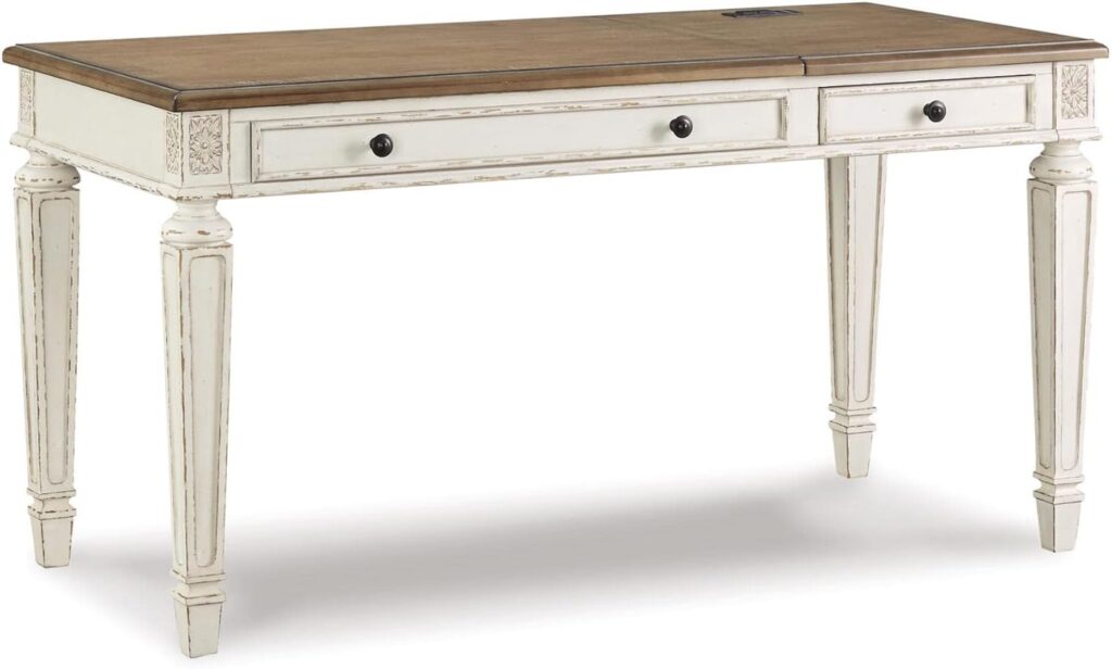 Signature Design by Ashley Realyn French Country 60 Home Office Lift Top Desk with USB Charging, Chipped White