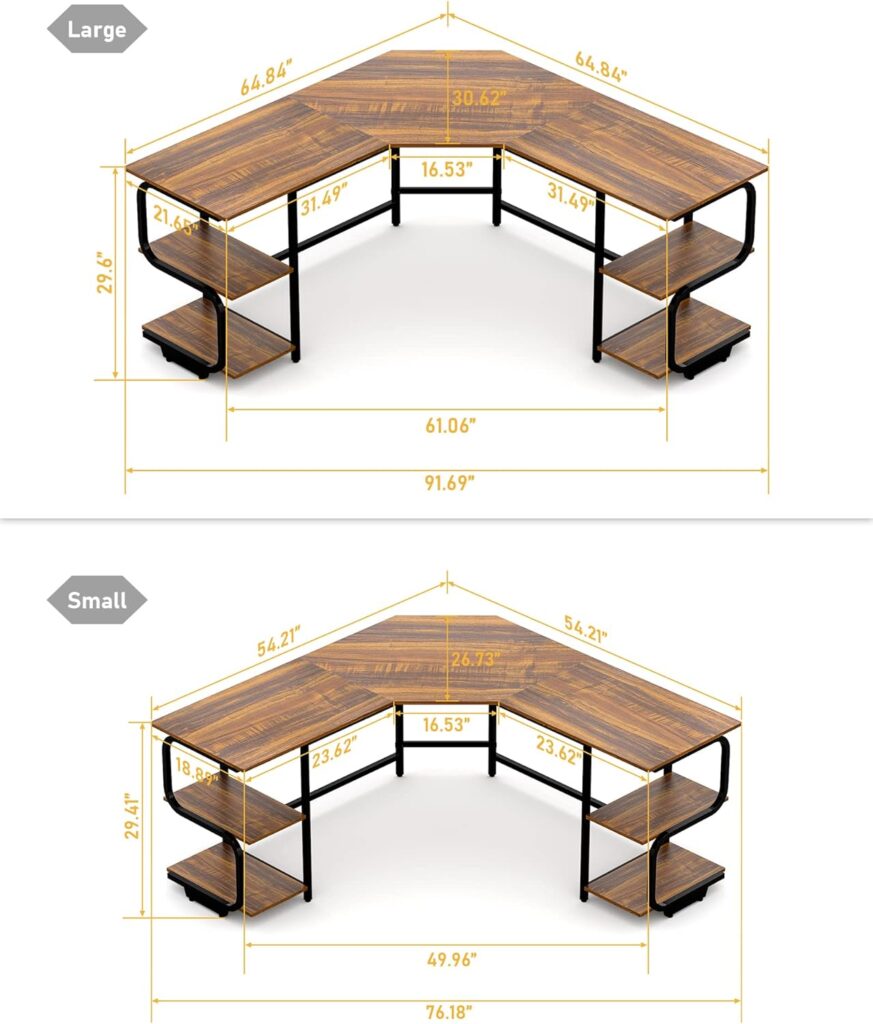 Teraves Modern L Shaped Desk with Shelves,Computer Desk/Gaming Desk for Home Office,Corner Desk with Large Desktop (Teak+Black Frame, Small+4 Tier Shelves)